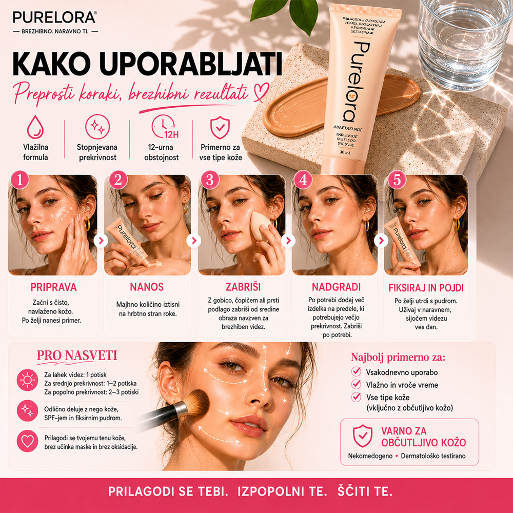 💖【Uradna trgovina】PURELORA® AdaptaShade Foundation——Podlaga za prilagajanje barve kože z dodatki za nego kože
